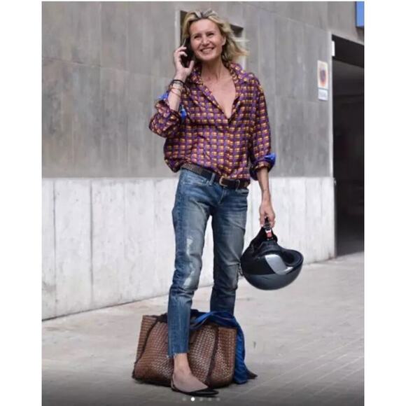 ZARA MULTICOLOR Checked FLOWY FLIP CUFF SILK SHIRT W BEADED NECK Button UP Large - Picture 1 of 10